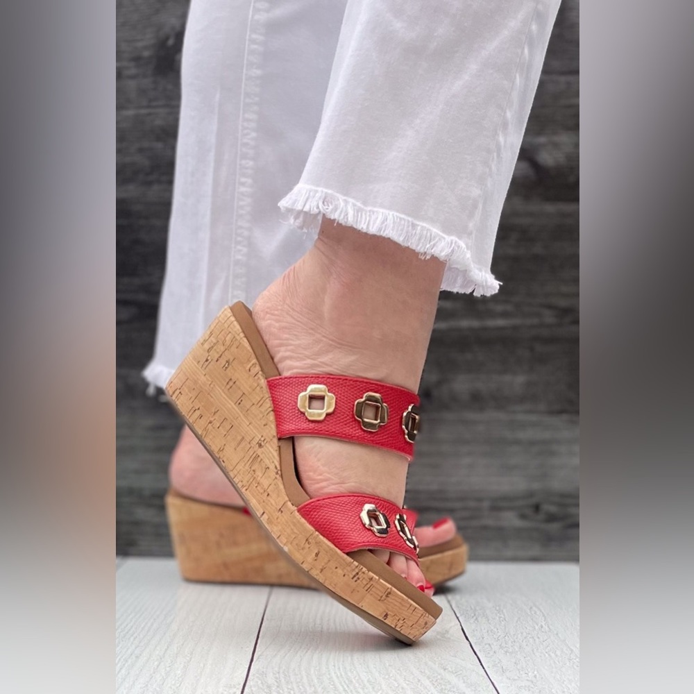 Corkys Footwear Hi Tide Wedge Sandal in Red with Gold Floral Rivets - Picture 2 of 7